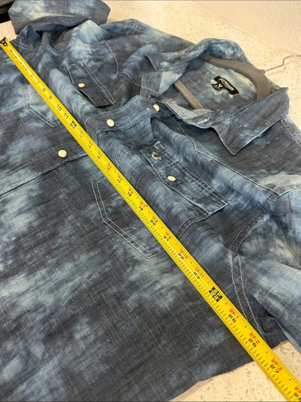 True religion, bleached, indigo western shirt, blue white size extra large